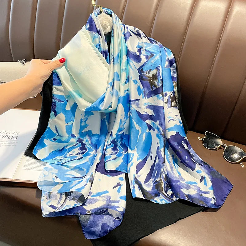 Summer Fresh Color Blue White Flower Pattern Silk Printed Shawls High Quality Muslim Women Head Wraps Polyester Silk Scarf Hijab