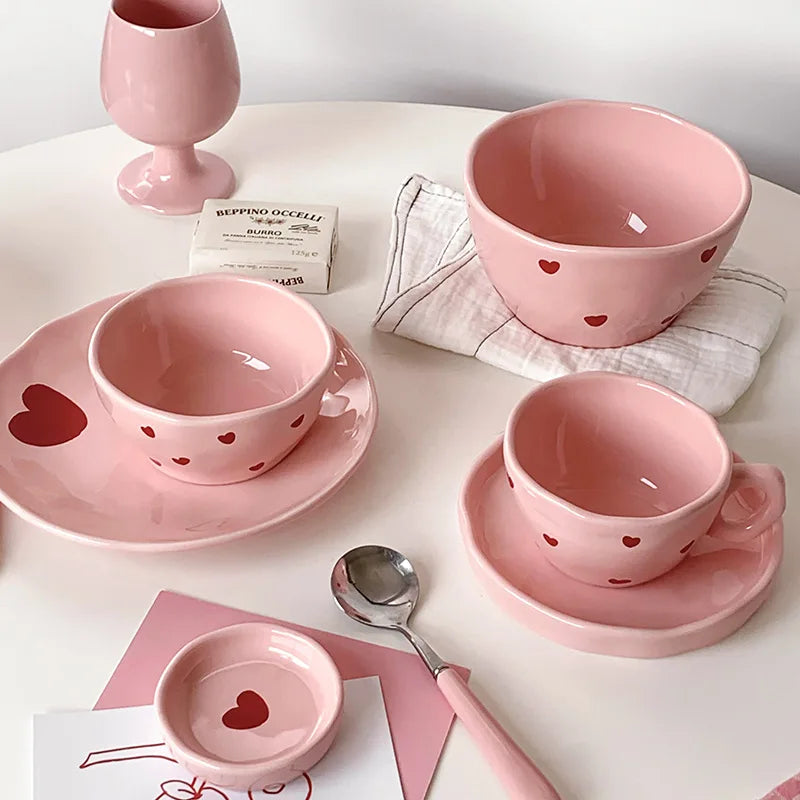 Ins Korea Hand Pinch Heart Shape pink Ceramic Tableware Set Creative Dessert Cake Plate