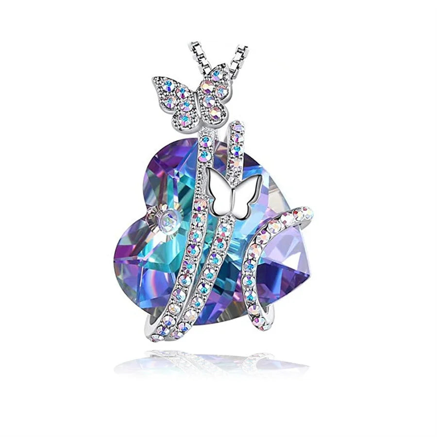 2024 Butterfly Love Heart Pendant Necklace With Blue Birthstone Crystals Valentines Day Gifts for Her