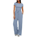 Women Casual 2 Piece High Waist Loose Pants Outfits Lounge Sets Short Sleeve Solid Color Crop Top and Pants Sets