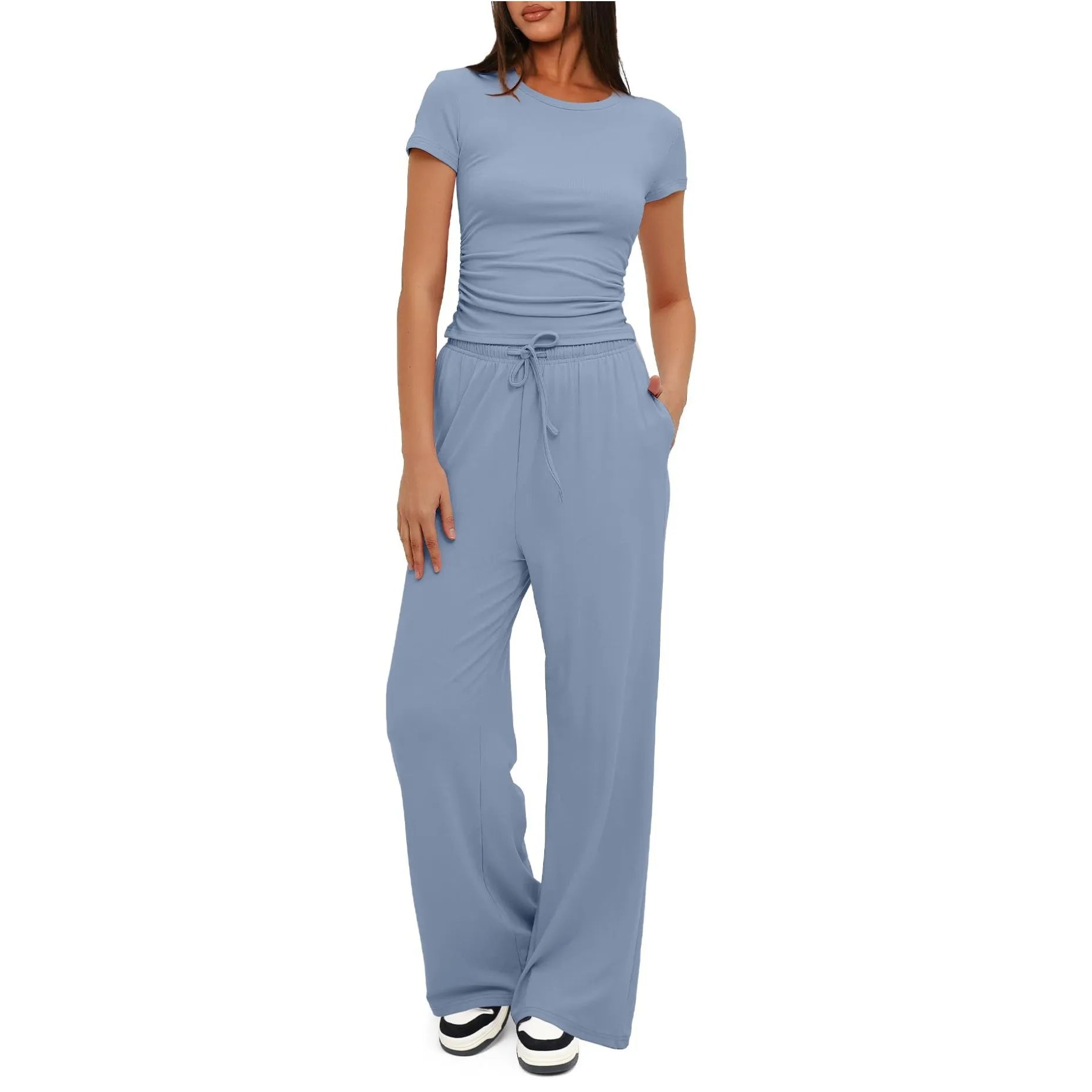 Women Casual 2 Piece High Waist Loose Pants Outfits Lounge Sets Short Sleeve Solid Color Crop Top and Pants Sets