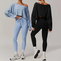 Newest Custom Logo Women Workout 2 Piece Set Off Shoulder Long Sleeve Top Drawstring High Waist Leggings Yoga Fitness Dance Set