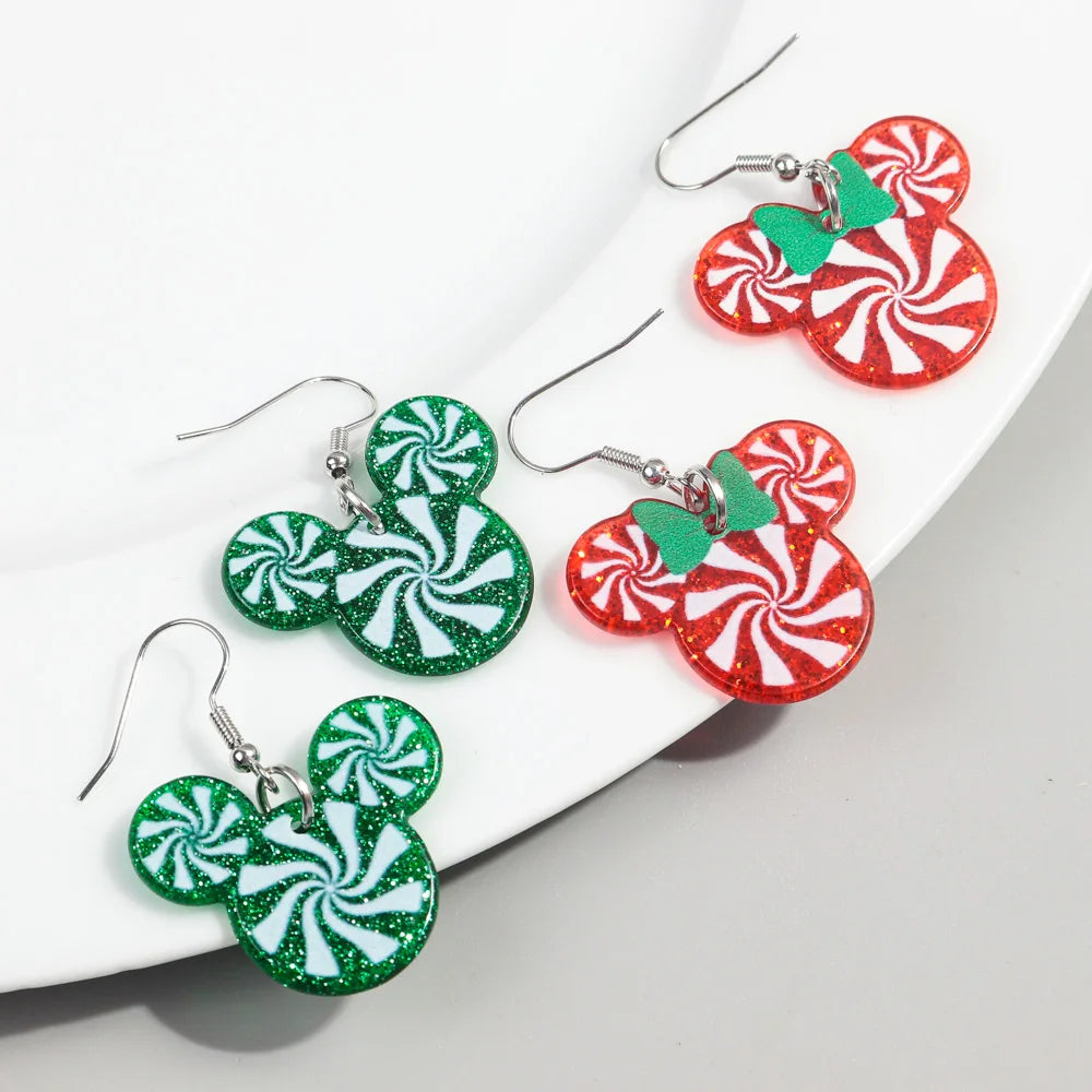 Wholesale New Stock Christmas Acrylic Drop Earrings Cute Cartoon Resin Mouse with Bow Circular Round Anime Design for Girls