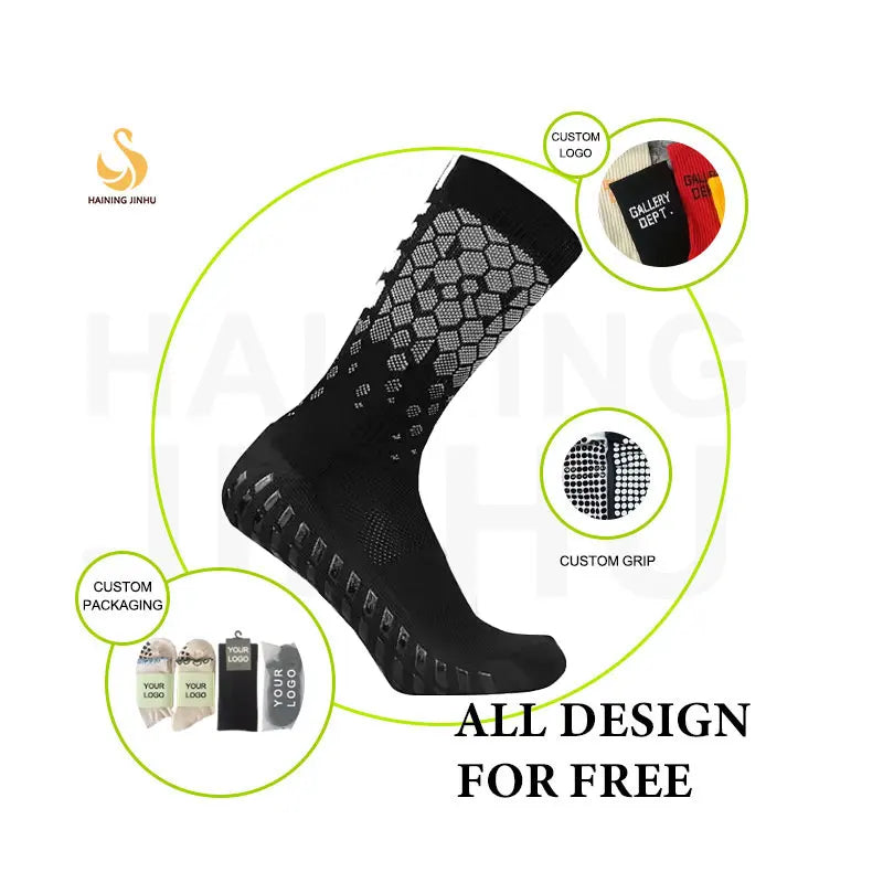 Jinhu Custom Logo Terry Compression Socks Anti-Slip Grip Football Soccer Sports Crew Bottom Logo Assorted Foot Bed Colors