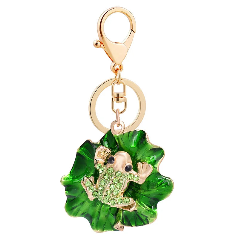 Creative Gold Plated Metal Animal Frog Key Ring Green Enamel Lotus Leaf Frog Keychain