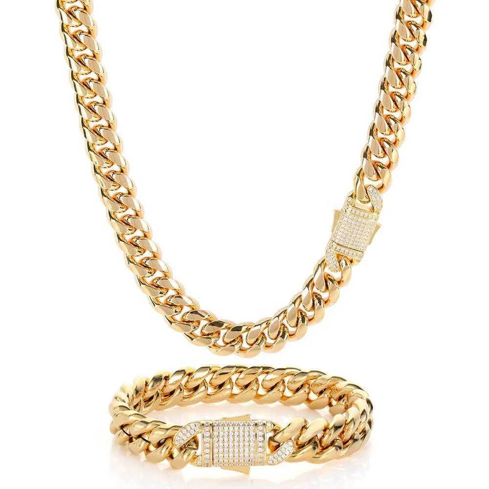 Wholesale Unisex 10mm 12mm Zircon Clasp Geometric Hiphop Miami Link Necklace 18K Gold Plated Non-Tarnish Stainless Steel Cuban