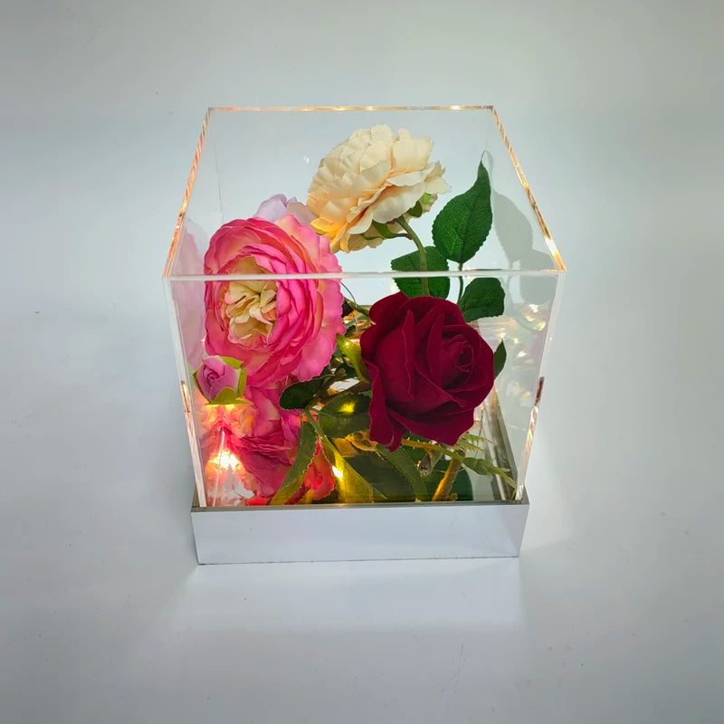 Clear Acrylic Cube Mirrored Base Gift Display Box Square Keepsake Boxes Flower Decor Storage Display Case for Birthday Wedding