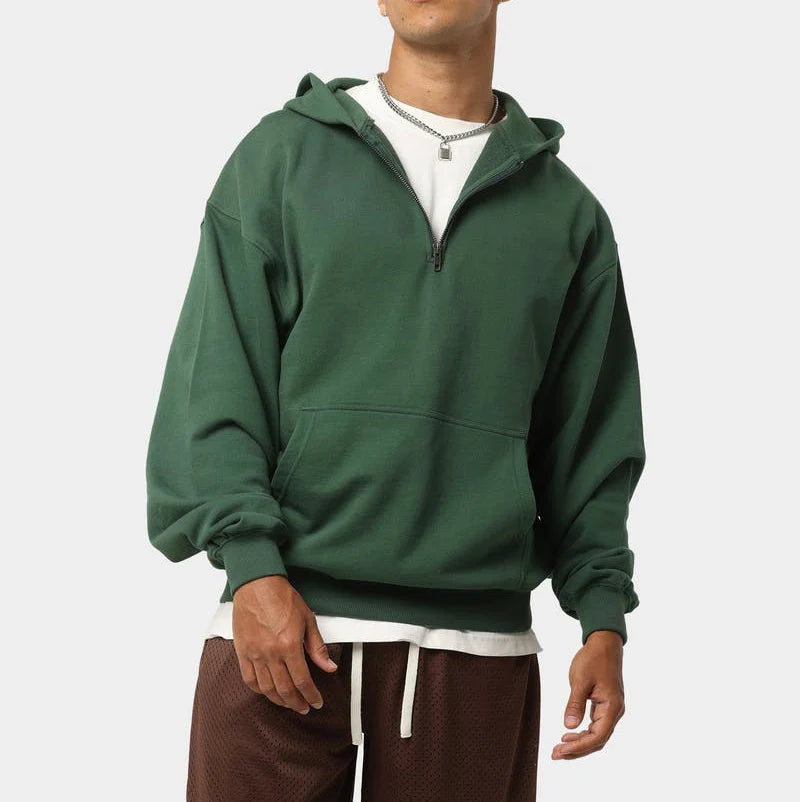 Yali 100% Cotton Winter Quarter Zip Pullover Hoodie-Thick Heavy Weight Oversized Fit Terry Fabric