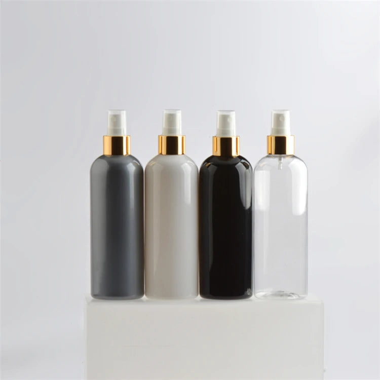IBELONG 300ml Empty Round Black White Amber Clear PET Cosmetics Pump Bottle with Golden Silver Mist Sprayer