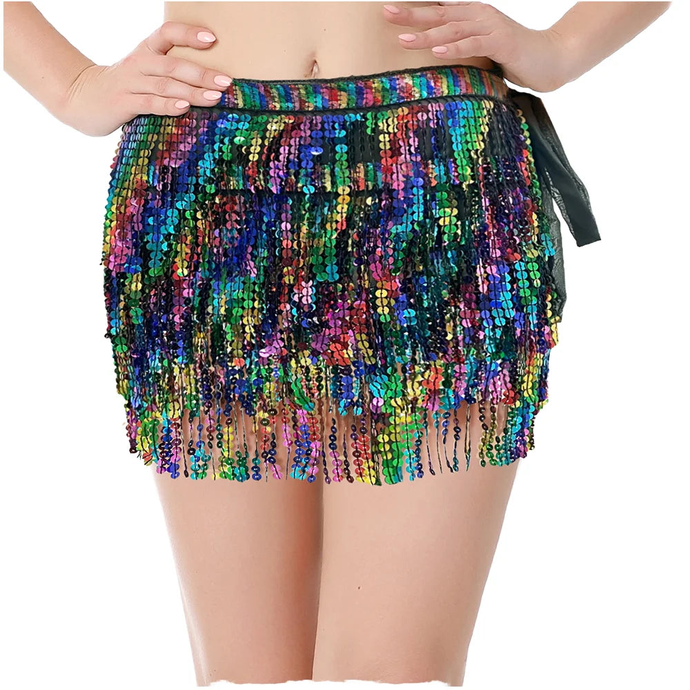 Belly Dance Sequin Tassel Hip Scarf Wrap Skirt Women Girl Festival Club Rave Costumes
