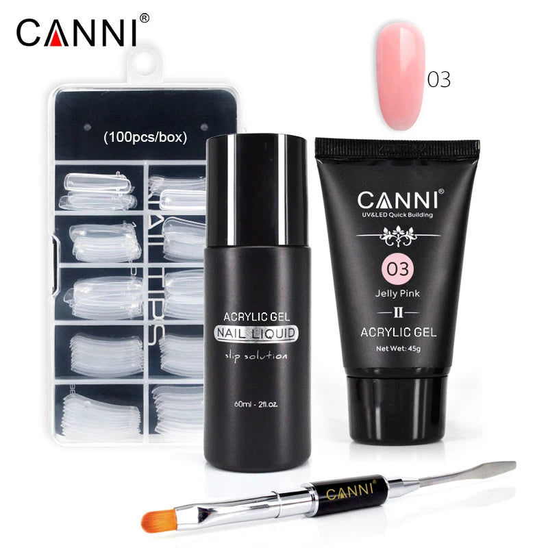 Nail Art CANNI Poly Nail Gel Kit With Brush Nail Tips Slip Solution Kit Pink NaturalThick Acrylic Soft Cover Crystal Gel