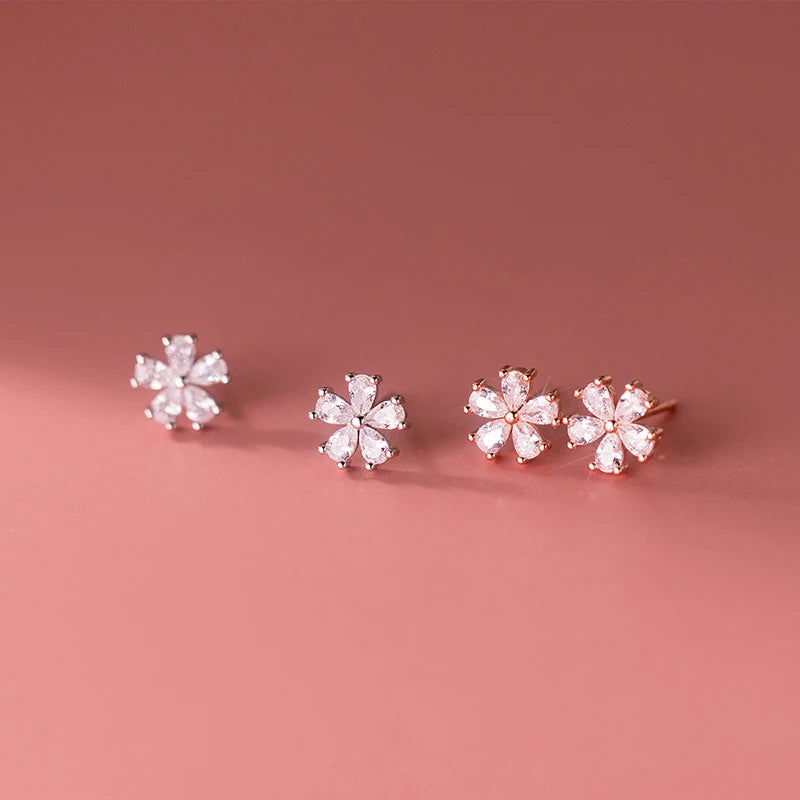 Custom Romantic Style 925 Sterling Silver Flower Stud Earrings Shiny Zircon Ladies Wedding Party Jewelry Sweet Cute for Gift