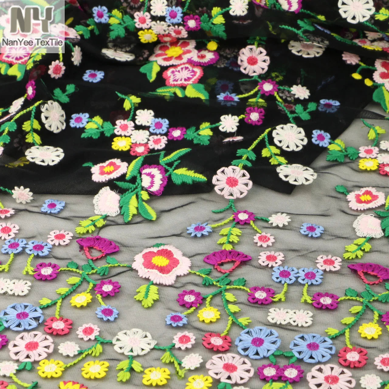Nanyee Textile Flower Design Multicolored Thread Embroidered Net Fabric