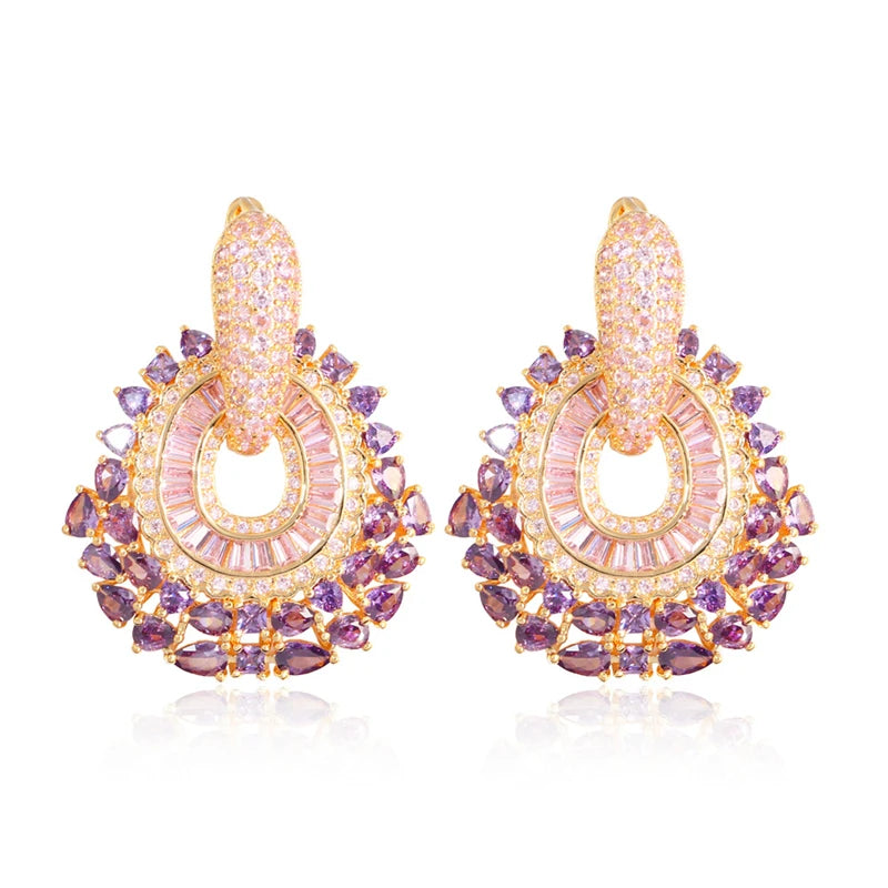 2 in 1 Ladies Popular Party New Trend Gold Plated Purple Pink Cubic Zircon Fashion Drop Earrings for Women Hoop Earrings Jewelry