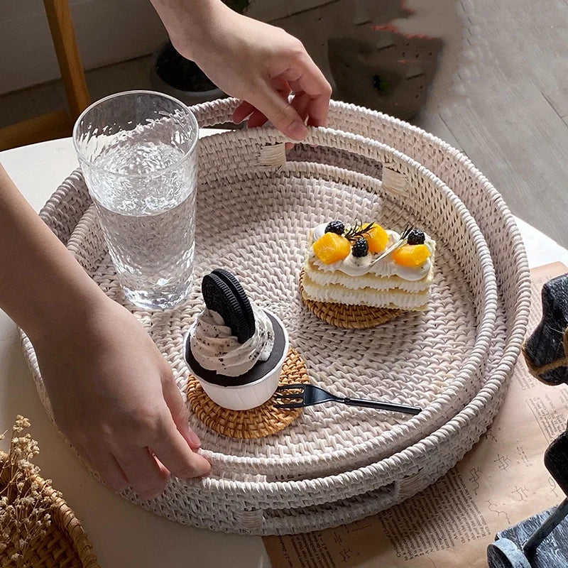 Modern Round Eco-Friendly Multifunction Wicker Trays for Dry Fruit Candy Gift Packaging Storage Basket Rattan Serving Tray