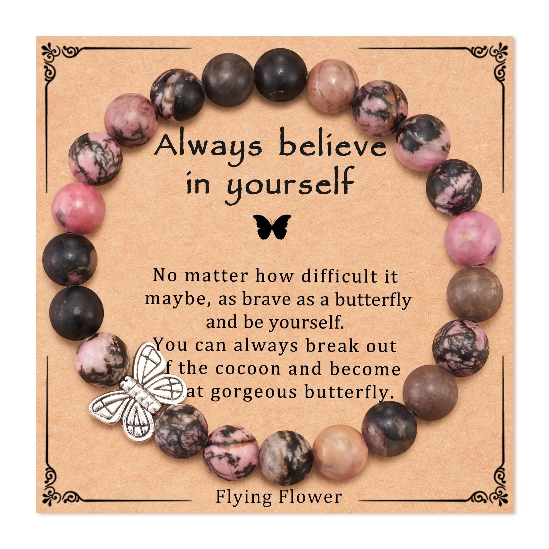 Risingmoon 1pc/card Crystal Bracelet Natural Stone Crown Butterfly Bracelets Healing Gemstone Bead Bracelet for Girl Gift