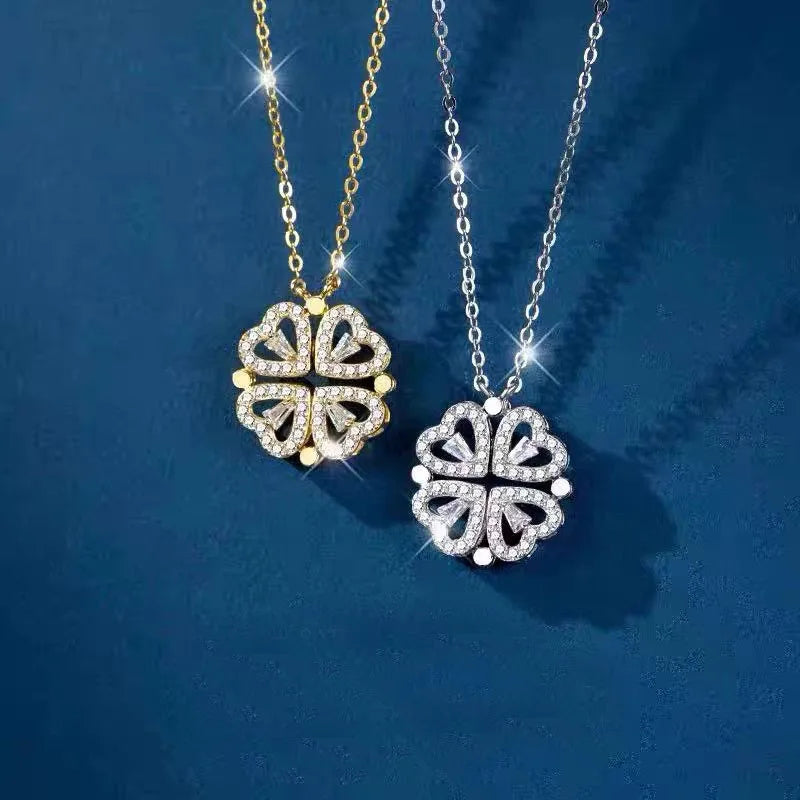 Creative Women Wear Love Deformation 925 Sterling Silver S925 Deformable  Folding Four-leaf Clover Fashion Jewelry Necklace