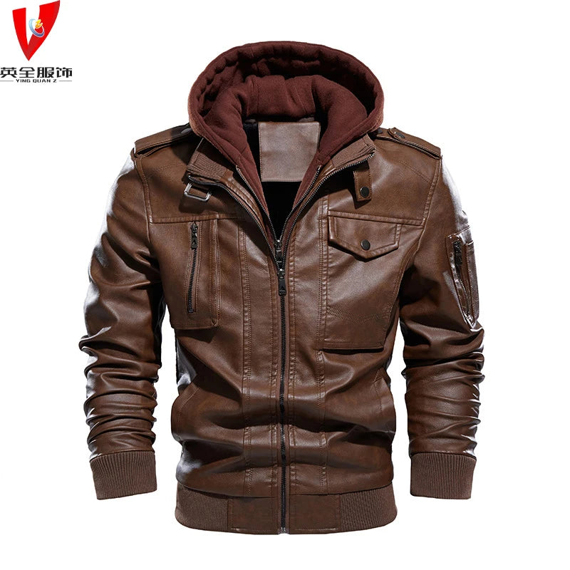 Yingquanz Men's Large Size Casual Leather Jacket Autumn/Winter Hooded Pu Waterproof Stylish Young Motorcycle Clothing Thin