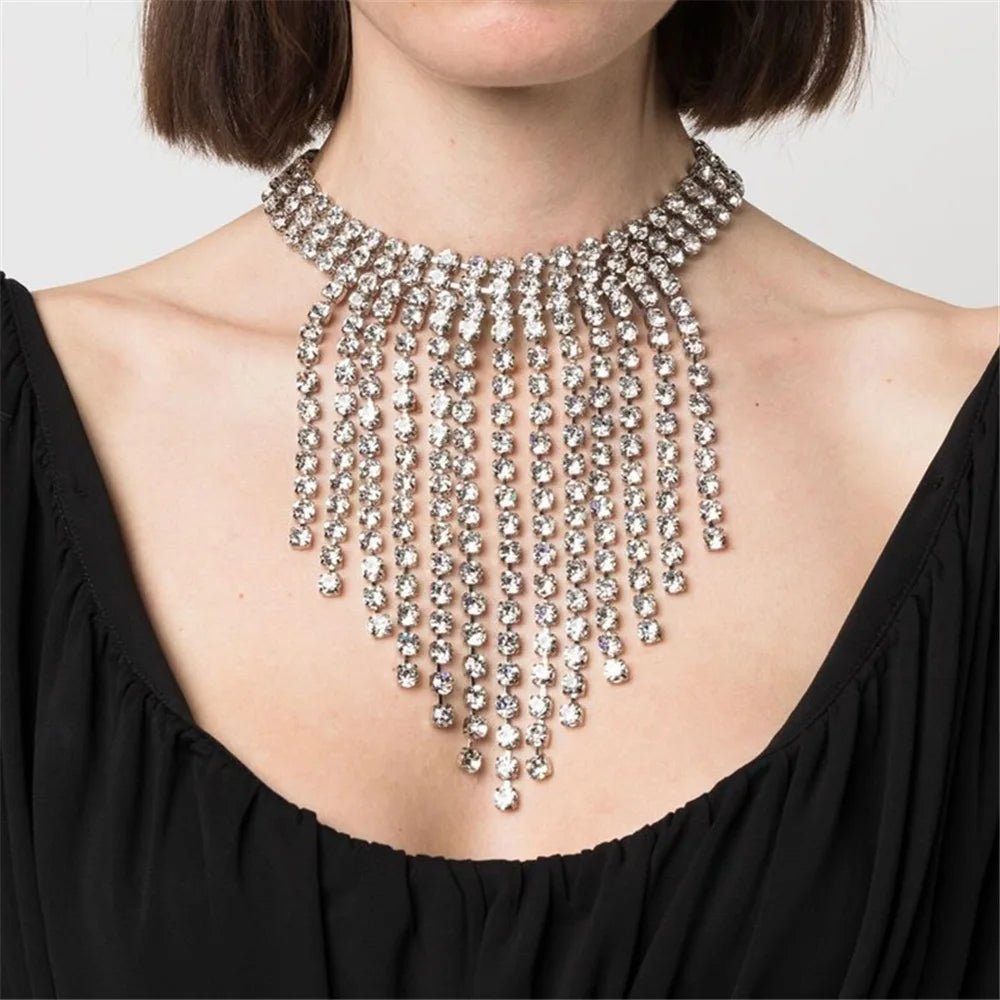 New Exaggerated Long Tassel Necklace with Fashion All-Match Full Diamond Collarbone Chain - Cross-Border Wholesale Fashion Acces