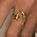 J&D 18k Gold Stainless Steel Minimalist Star Moon Open Ring Trendy Celestial Fashion Finger Jewelry for Engagement & Party