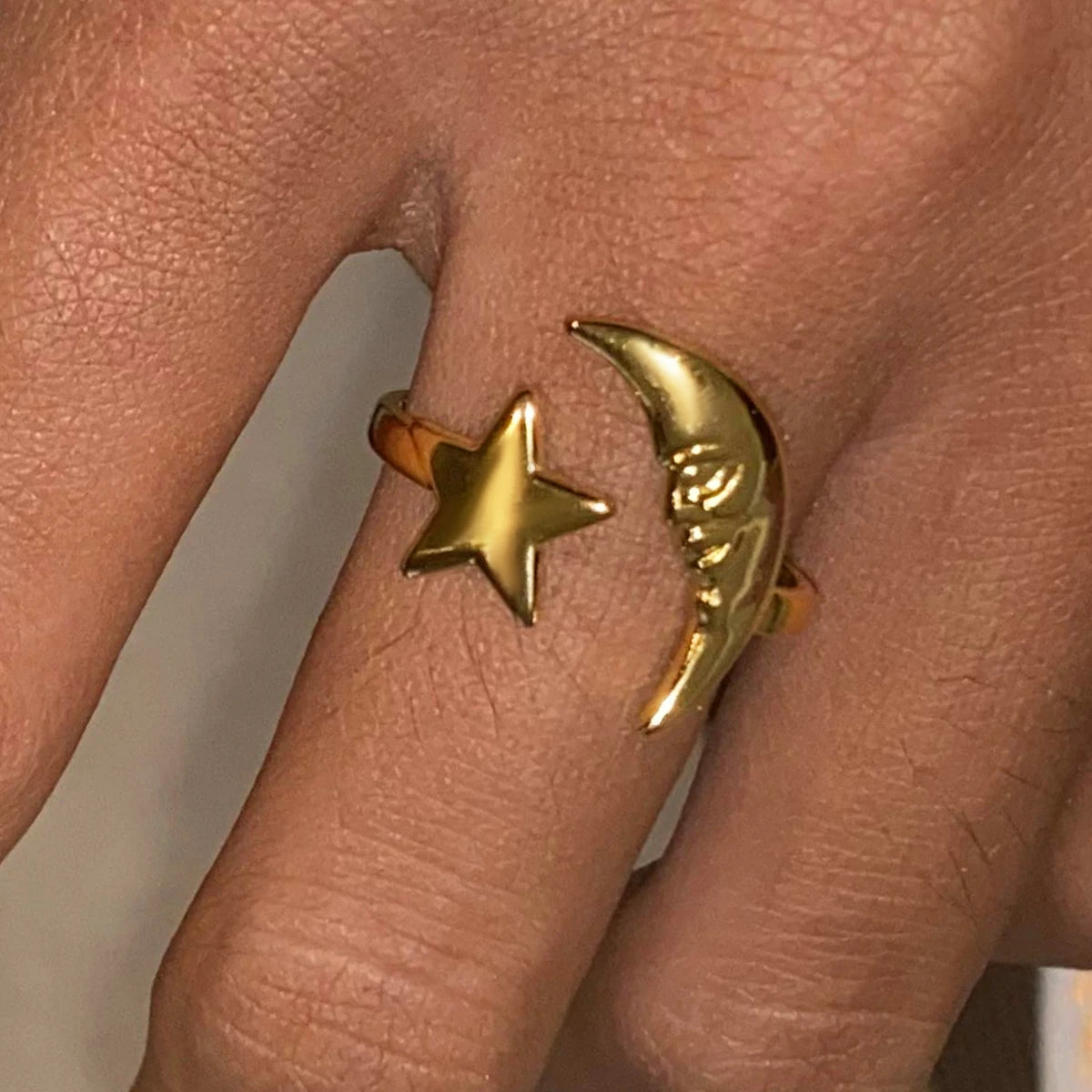 J&D 18k Gold Stainless Steel Minimalist Star Moon Open Ring Trendy Celestial Fashion Finger Jewelry for Engagement & Party