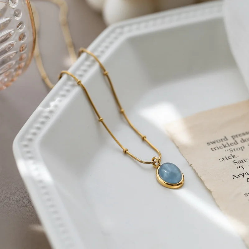 Luxury Gold Plated Blue Gem Geometric Pendant Necklace Tarnish Free Stainless Steel Sapphire Necklace for Women