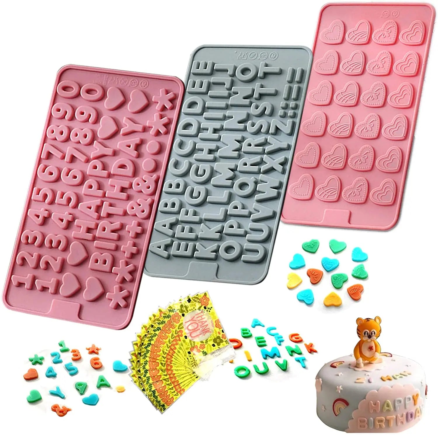 Chocolate Mold Silicone Alphabet Number Heart Happy Birthday Mold Set Candy Cake Jelly Baking 3 Pieces in pink and Blue