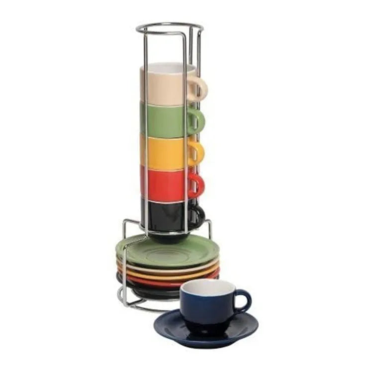 Italian Stackable 12 Pcs Colorful Ceramic Espresso Coffee Cup Saucer With Stainless Holder