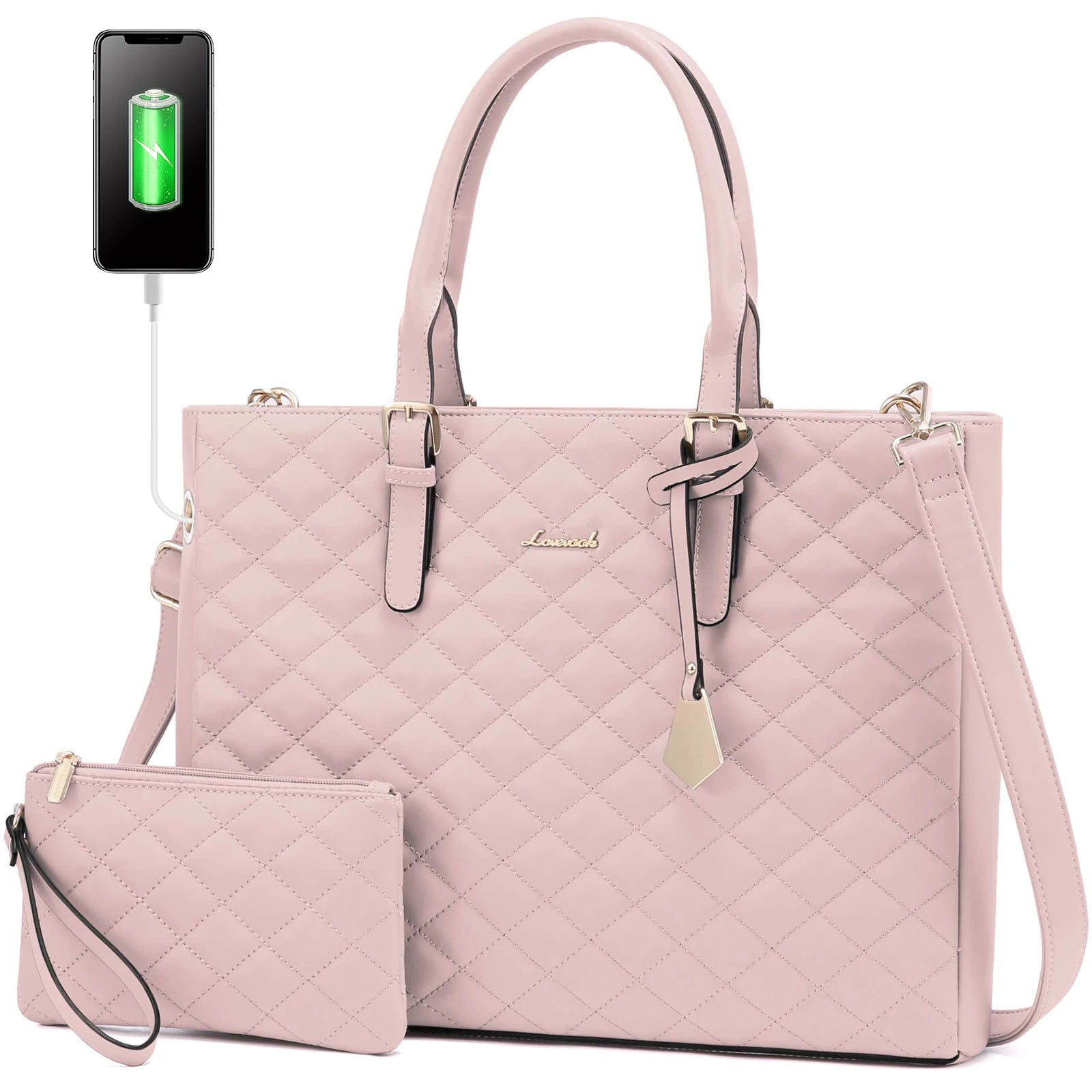 LOVEVOOK 2 PCS Waterproof Laptop Handbag Bag for Women Quilted Leather Computer Shoulder Briefcase 15.6 Inch Laptop Tote Purses