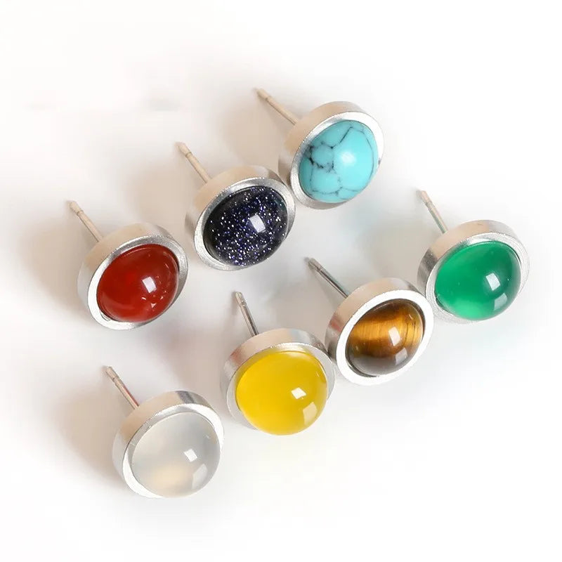 Hot Selling Stainless Steel Earrings 10mm Natural Turquoise Rose Quartz Agate Stone Stud Earrings for Women Jewelry