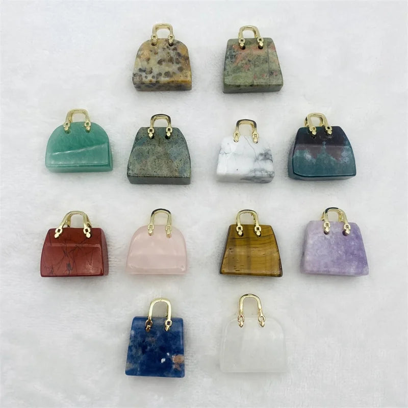Wholesale Natural Mini Crystal Bag Hand Carved Litte Cute Pendant Charms Rose Quartz Purse for Gemstone Crystal Handbags