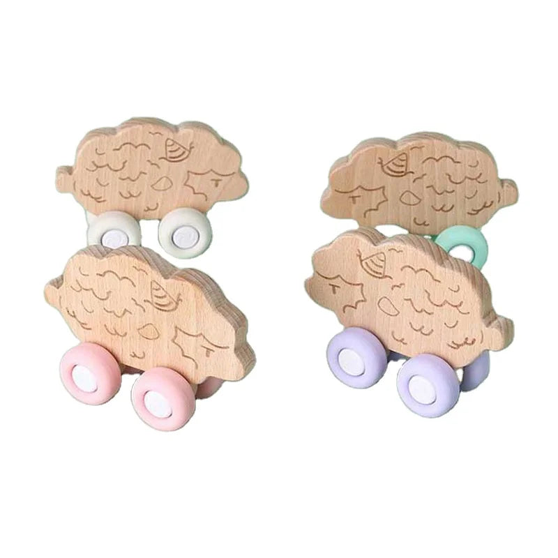 Unisex Montessori Toy Soft Wooden Beech Wheel Car with Silicone Lion Educational Wholesales Baby Toys for Kids