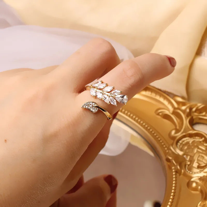 HOVANCI 3 2021 Fashion 18K Gold Plated Full Cz Leaves Open Ring Adjustable Cubic Zircon Leaf  Ring for Women Jewelry