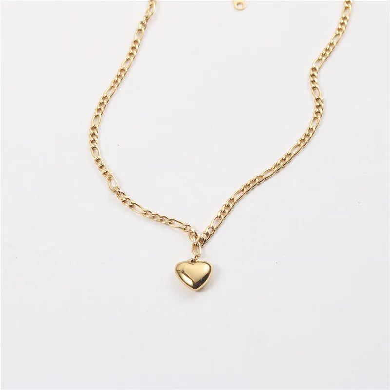 Women Non Tarnish Figaro Chain Love Heart Pendant Necklace Jewelry 18k Gold Plated Stainless Steel Peach Heart Necklace