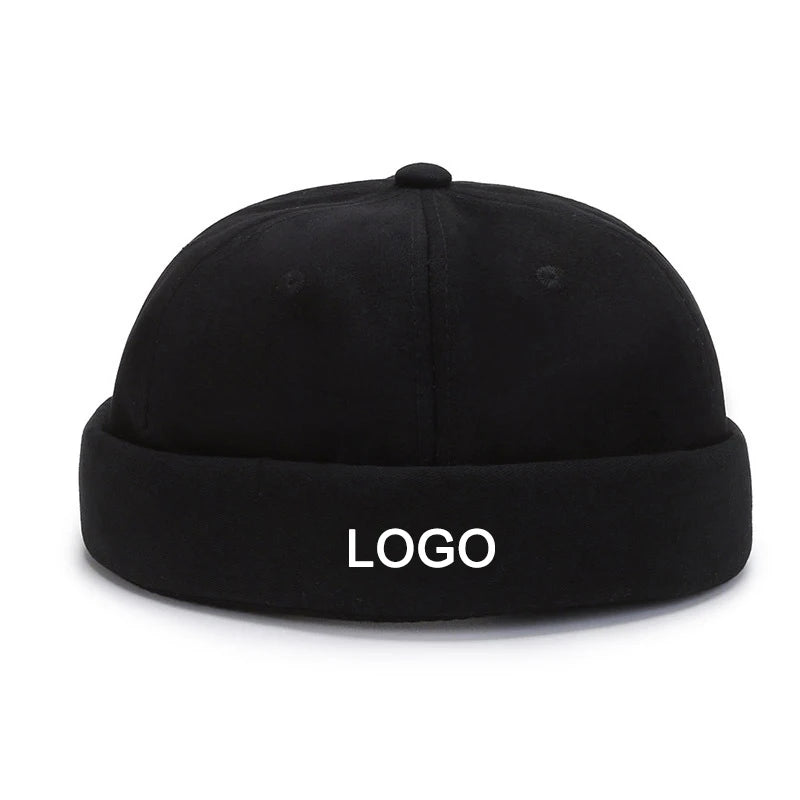 Custom Embroider Logo Retro Visor Rolled Cuff Docker Melon Cap Adjustable Popular Cotton Pure Color Brimless Hats