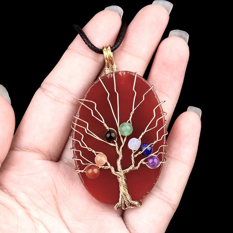 Hot Sale Exquisite Chakela Stone Gold Wrap Wire Life Tree Pendant Necklace Carnelian Natural Stone Fashional Rope Chain Necklace
