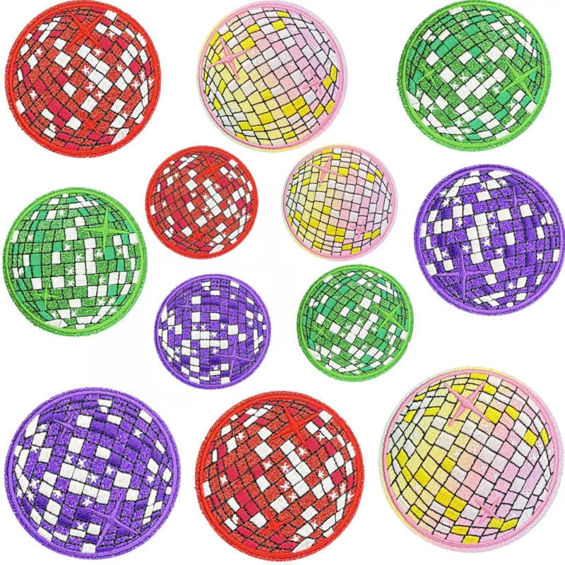 New Iron on Embroidered Various Size Shiny Glitter Edge Colorful Disco Planet Patch for Clothing Hat Bag Decoration