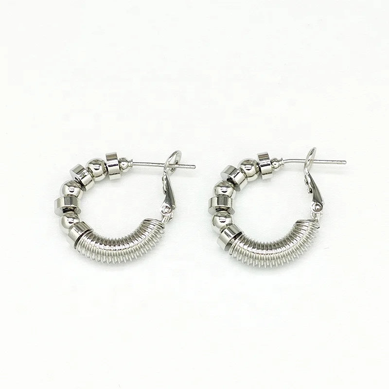 Ilona Trendy Beaded Coil Hoop Earrings Silver Plated Copper Chunky Textured Huggie Hoops Everyday Streetwear Statement Jewelry