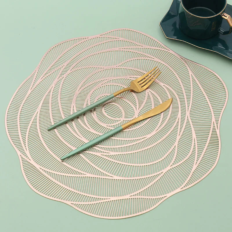Table Decor Hollow Out Metallic Gold Charger Plates Mats Vinyl Flower PVC Placemats for Holiday Wedding Reception