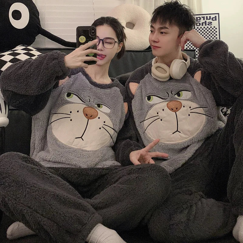 Couple Pajamas Winter Fleece Long Sleeve Pyjamas Round Neck Cute Cartoon Warm Men's Home Wear Women Sleepwear