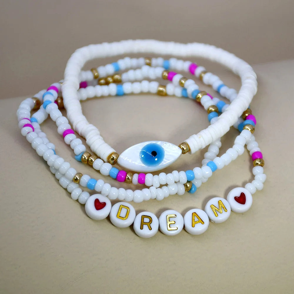 4pcs Pack Handmade Bohemian Glass Rice Beads Clay Bead Stackable Bracelet Women Stached Bead Dream Devil Eye Bracelets Sets