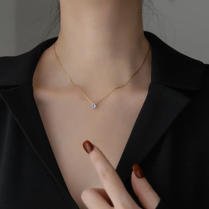INS 18k Real Gold Plating Titanium Steel Chain Zircon Necklaces Non Tarnish 316L Stainless Steel Crystal Zircon Necklace