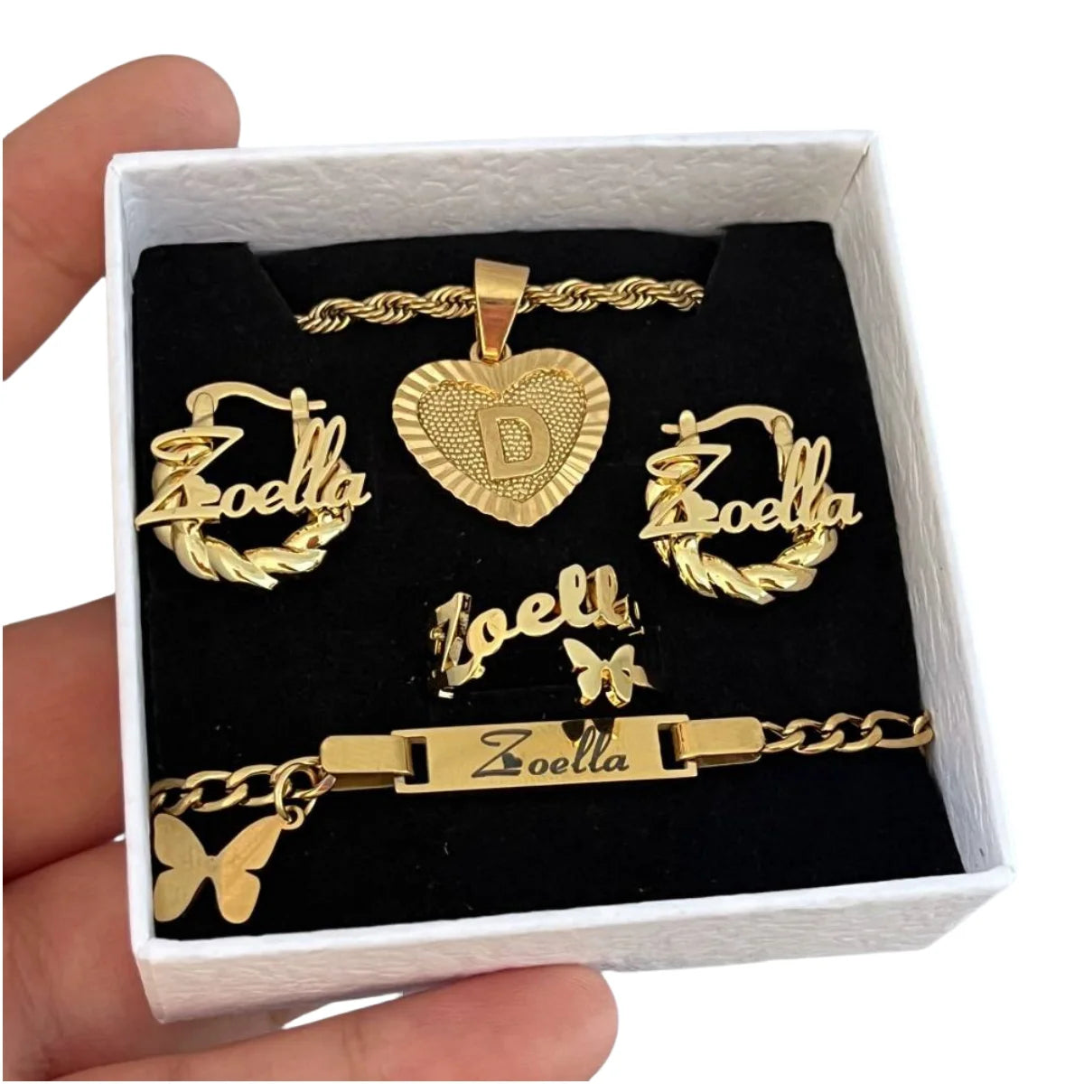 QIUHAN 18mm Hoops Cuff Rings with Initial A-Z Letters for Kids Custom Butterfly 4 Pcs Set
