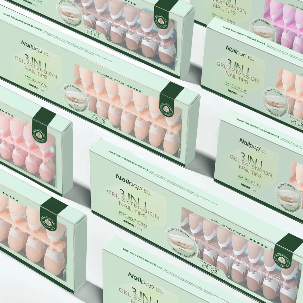 Nailpop Medium Almond Fake Nails Nude White Ombre Press Acrylic Nail Tips French Style Gradient Glossy Soft Gel Manicure