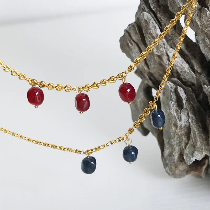 New High-end Personality Design Simple Titanium Steel Gold-plated Natural Lapis Lazuli Agate Pendant Necklace Female Jewelry
