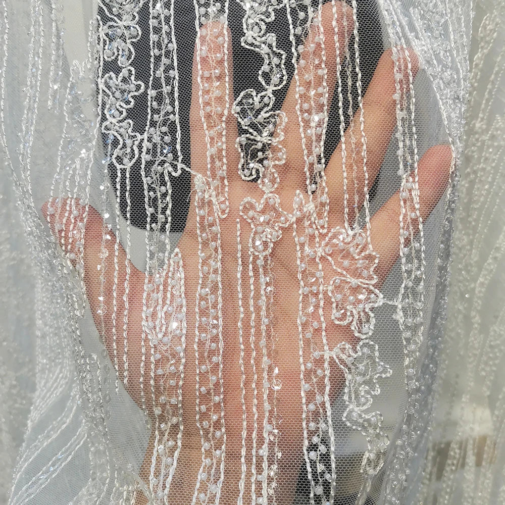White Ivory Beaded Pearl Lace Fabric Luxury Bridal Sequin Mesh Embroidery Tulle Lace Fabric for Party Dresses