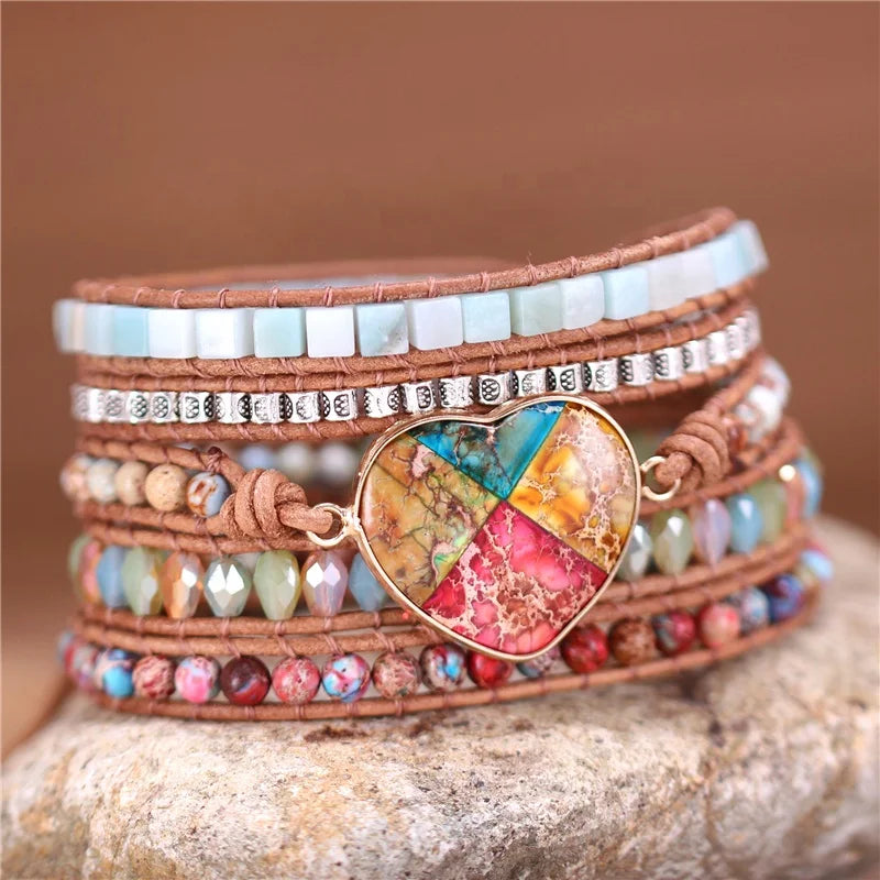 Luxury Heart Charm Wrap Bracelets 5 Strands Leather Beads Bracelet Fashion Jewelry Bijoux Gift Dropshipping Boho Jaspers Crystal