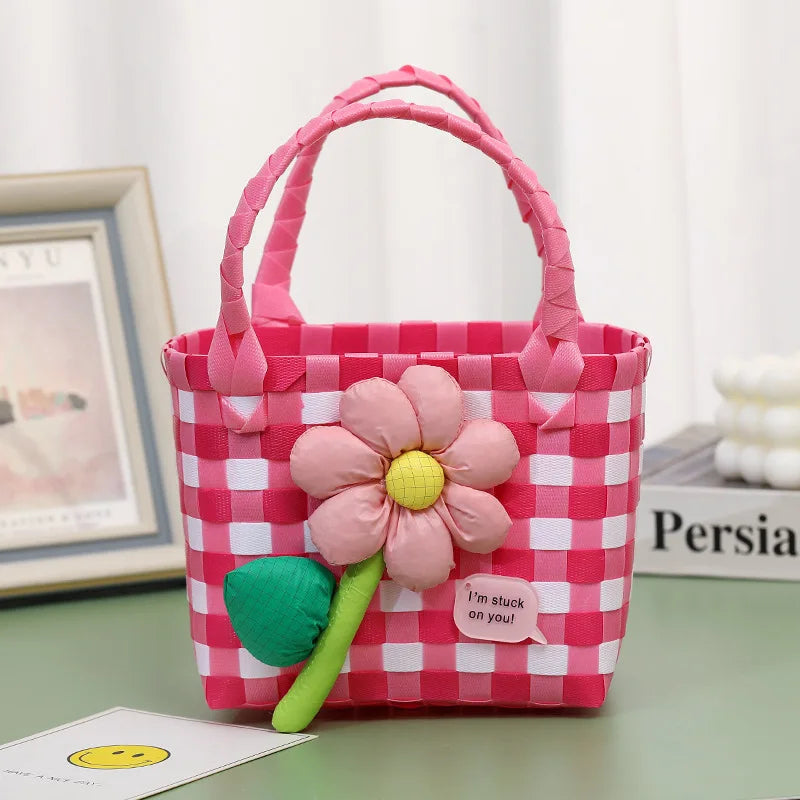 Small Colorful Handwoven Christmas Gift Bag Cute PP Plastic Picnic Holiday Beach Bags with Handbag Handmade for Children