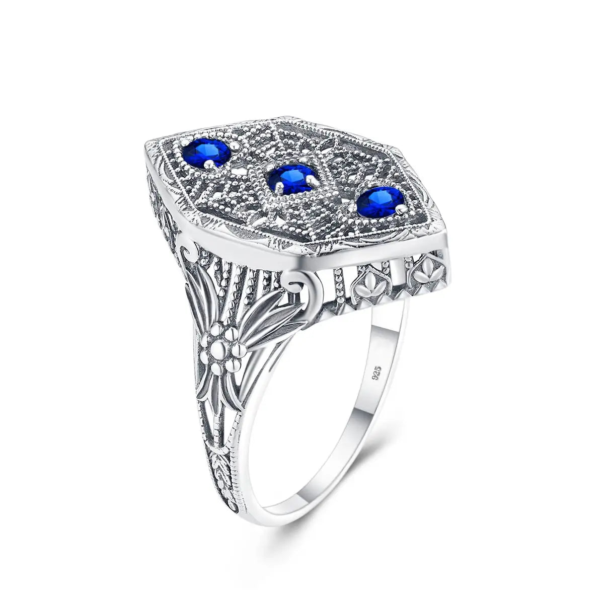 Szjinao Gothic Antique 3 Stone Sterling Silver Vintage Women's Gemstone Rings with Sapphire Brilliant Cut Flower Design Wedding