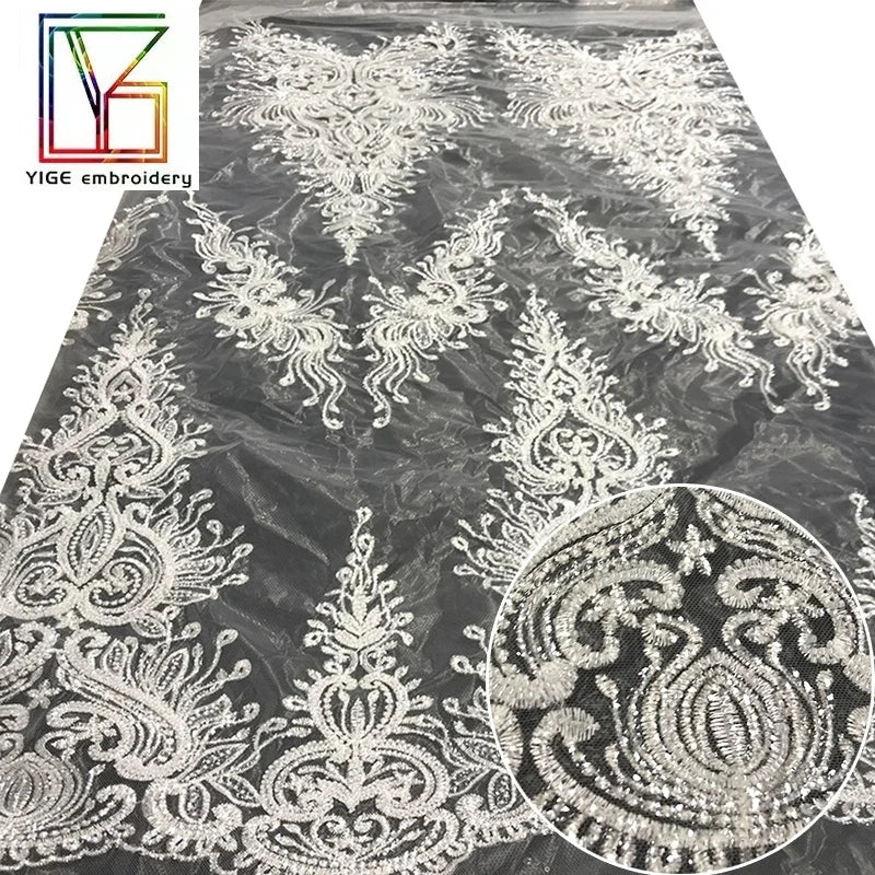High-Quality African White Embroidered Sequins Beaded Lace Fabric Luxury Bridal Tulle Embroidery Lace Fabric For Dresses Women
